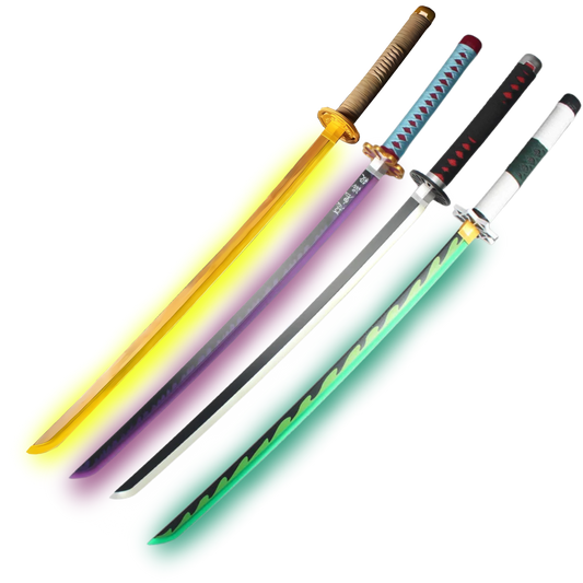 Four colorful LED swords on a white background